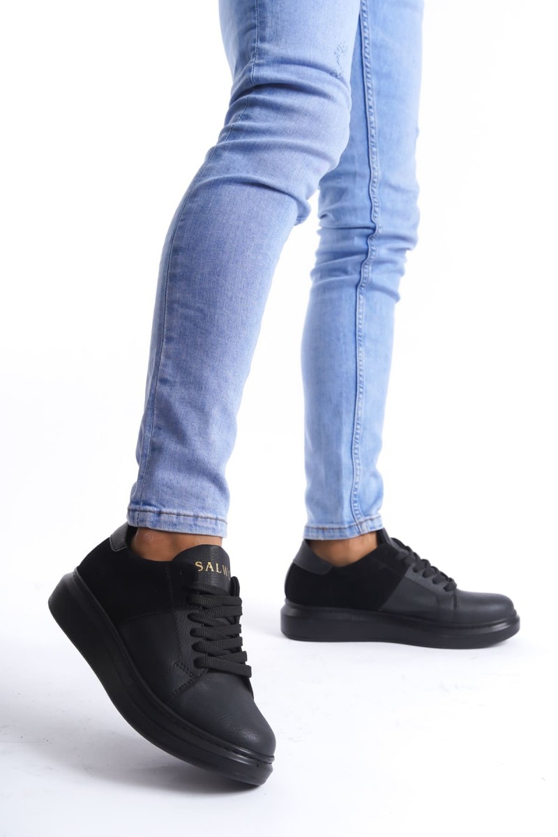 SLW151 Boost Bağcıklı Cilt Süet Erkek Günlük Sneaker Ayakkabı CSST - Siyah