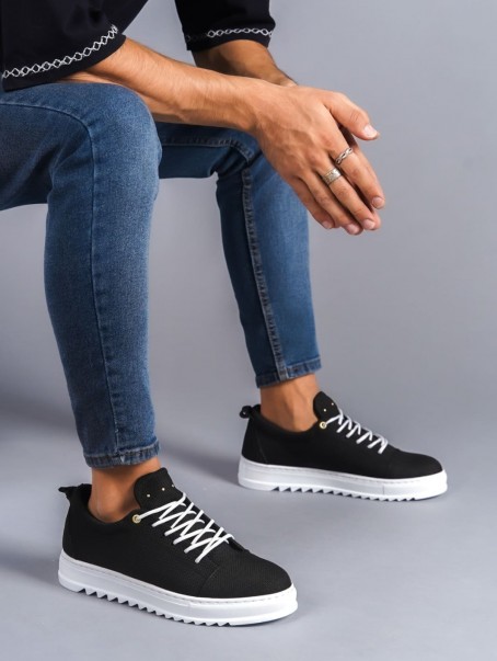 SLW152 Cool Bağcıklı Keten Erkek Günlük Spor Klasik Ayakkabı KBT - Siyah