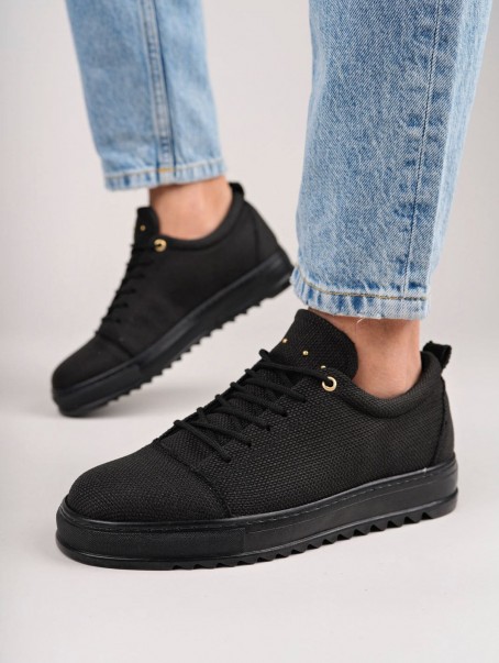SLW152 Cool Bağcıklı Keten Erkek Günlük Spor Klasik Ayakkabı KST - Siyah