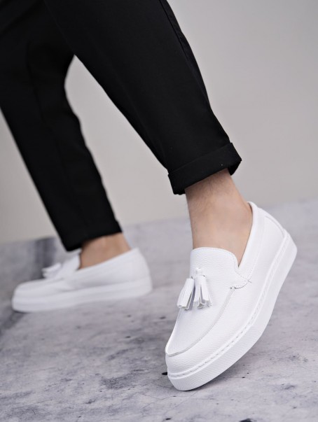 SLW153 Bloom Bağcıksız Püsküllü Cilt Erkek Günlük Spor Klasik Ayakkabı CBT - Beyaz