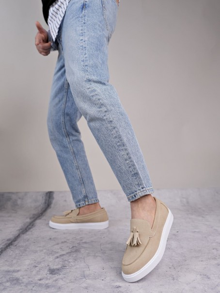 SLW153 Bloom Bağcıksız Püsküllü Süet Erkek Günlük Spor Klasik Ayakkabı SBT - Krem