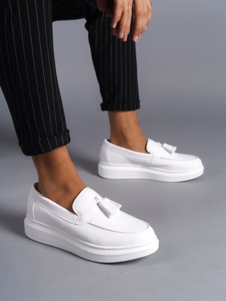 SLW154 Blaze Bağcıksız Püsküllü Cilt Erkek Günlük Spor Klasik Ayakkabı CBT - Beyaz
