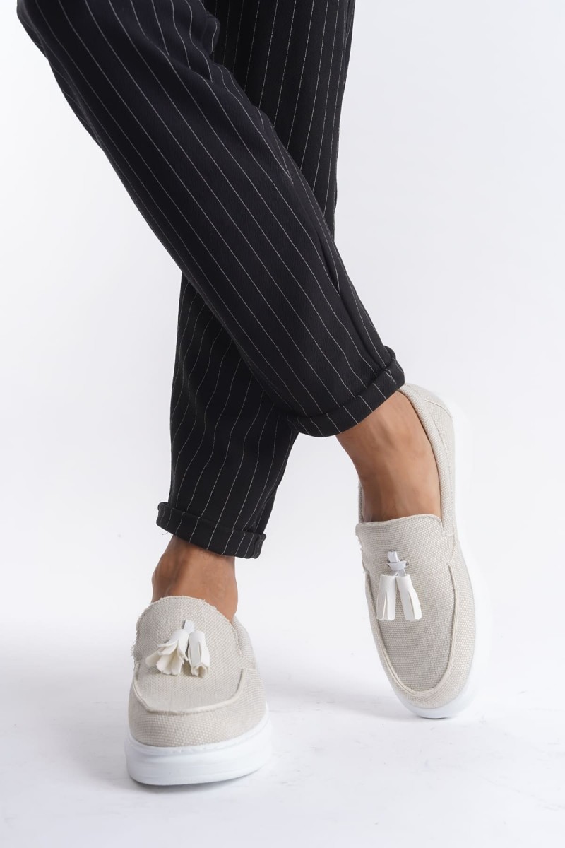 SLW154 Blaze Bağcıksız Püsküllü Keten Erkek Günlük Spor Klasik Ayakkabı KBT - Beyaz