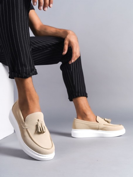 SLW154 Blaze Bağcıksız Püsküllü Süet Erkek Günlük Spor Klasik Ayakkabı SBT - Krem
