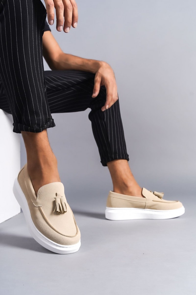 SLW154 Blaze Bağcıksız Püsküllü Süet Erkek Günlük Spor Klasik Ayakkabı SBT - Krem