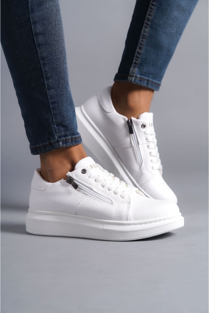 SLW155 Warrior Bağcıklı ve Fermuarlı Cilt Erkek Günlük Sneaker Ayakkabı CBT - Beyaz