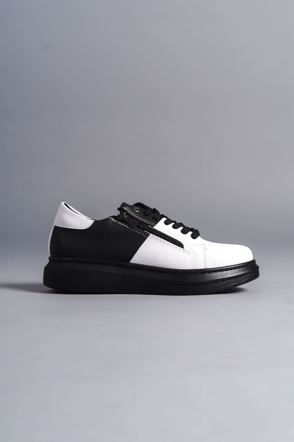 SLW155 Warrior Bağcıklı ve Fermuarlı Cilt Erkek Günlük Sneaker Ayakkabı CST - Siyah/Beyaz