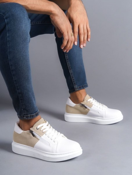 SLW155 Warrior Bağcıklı ve Fermuarlı Cilt Süet Erkek Günlük Sneaker Ayakkabı CSBT - Beyaz/Krem