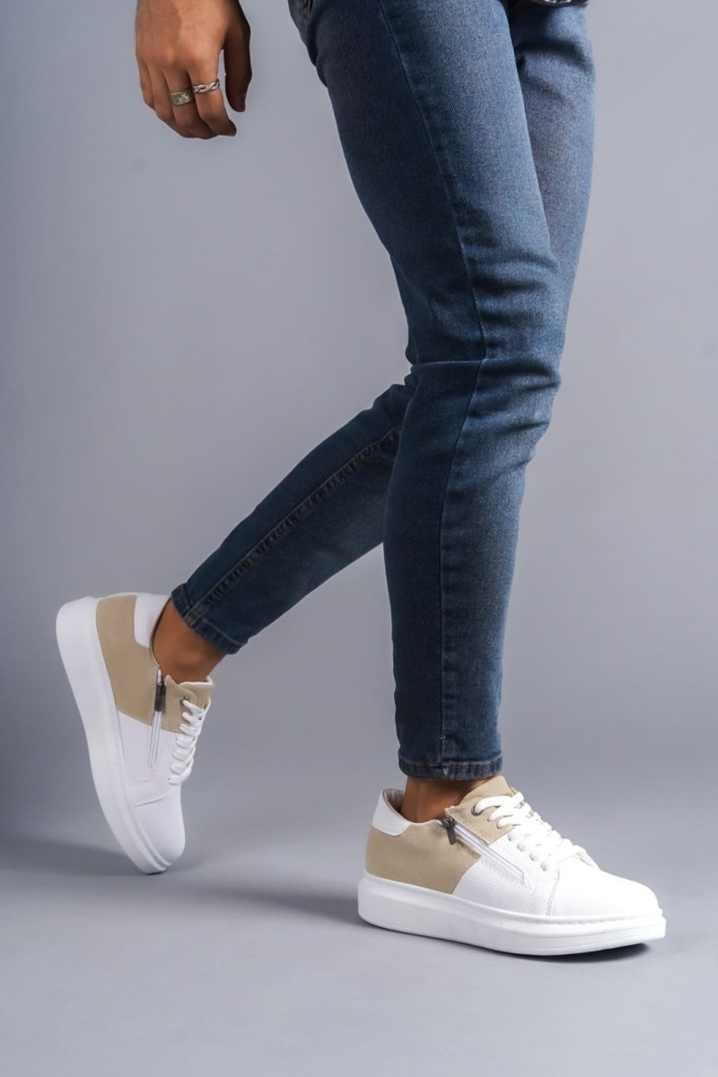 SLW155 Warrior Bağcıklı ve Fermuarlı Cilt Süet Erkek Günlük Sneaker Ayakkabı CSBT - Beyaz/Krem