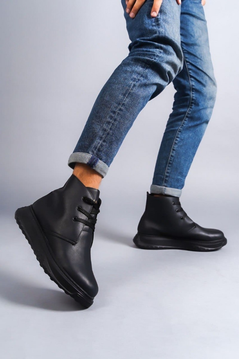 SLW204 Franca Bağcıklı Cilt Erkek Spor Bot ST - Siyah